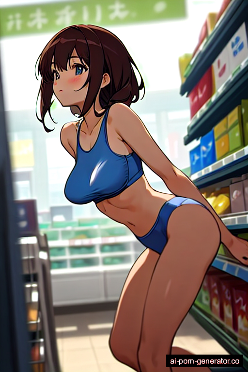  average built adult woman with medium boobs and dark hair of shoulder length, splitting legs in supermarket, wearing bra only, with shaved pussy