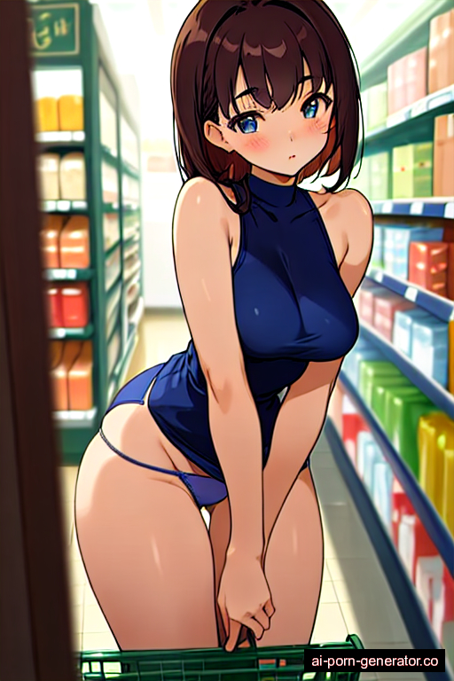  average built young-adult woman with medium boobs and dark hair of shoulder length, bending over in supermarket, wearing panties only, with shaved pussy