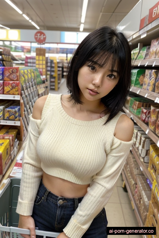 japanese skinny young-adult woman with small boobs and black hair of shoulder length, splitting legs in supermarket, wearing sweater, with shaved pussy