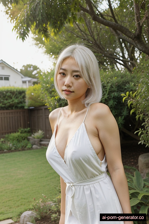 japanese skinny adult woman with medium boobs and white hair of shoulder length, standing in garden, wearing dress, with shaved pussy