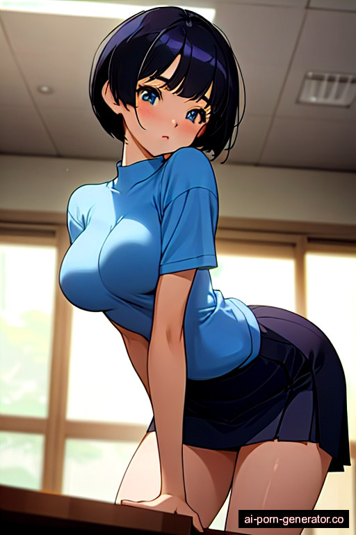  athletic adult woman with medium boobs and black hair of pixie cut length, bending over in office, wearing skirt, with shaved pussy