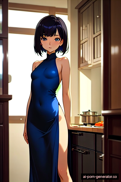  skinny teen woman with small boobs and black hair of pixie cut length, standing in kitchen, wearing dress, with shaved pussy