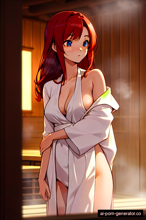  average built adult woman with medium boobs and red hair of shoulder length, splitting legs in sauna, wearing bathrobe, with shaved pussy