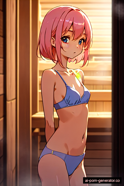  skinny young-adult woman with small boobs and pink hair of shoulder length, standing in sauna, wearing bra only, with shaved pussy