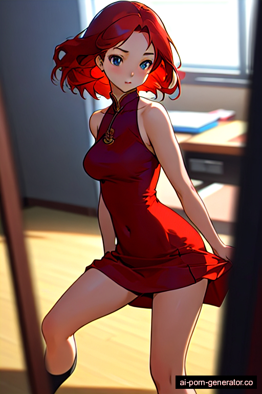  average built adult woman with medium boobs and red hair of shoulder length, splitting legs in office, wearing dress, with shaved pussy