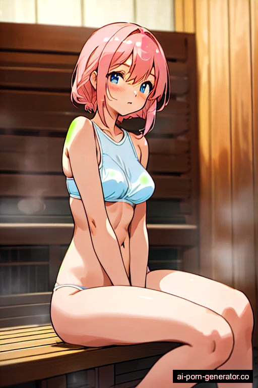  average built adult woman with medium boobs and pink hair of shoulder length, splitting legs in sauna, wearing bra only, with shaved pussy