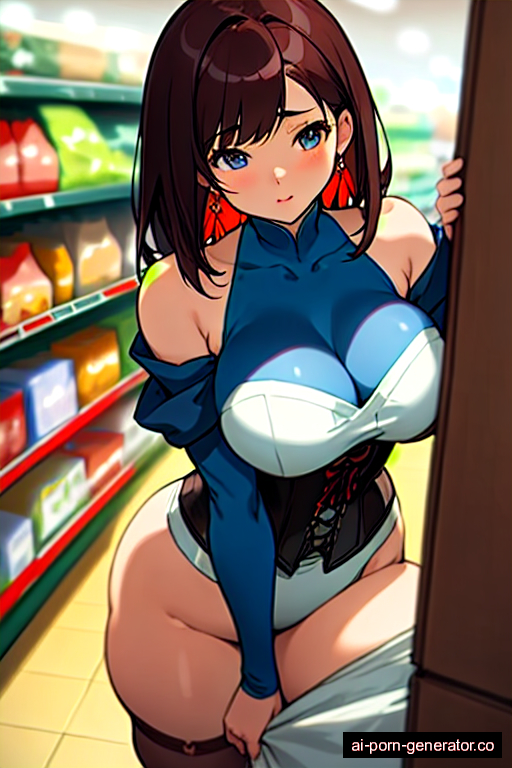  curvy mature woman with large boobs and dark hair of shoulder length, splitting legs in supermarket, wearing corset, with shaved pussy