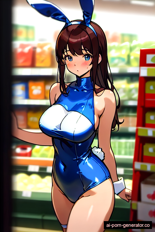  curvy mature woman with large boobs and dark hair of shoulder length, splitting legs in supermarket, wearing bunny suit, with shaved pussy