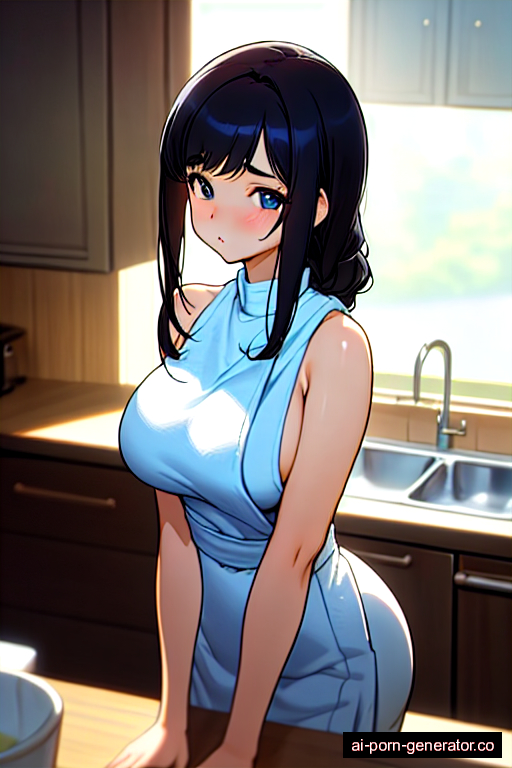  curvy adult woman with large boobs and black hair of mid-back length, on her knees in kitchen, wearing towel, with shaved pussy