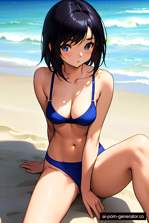  average built adult woman with medium boobs and black hair of shoulder length, splitting legs in beach, wearing bra only, with shaved pussy