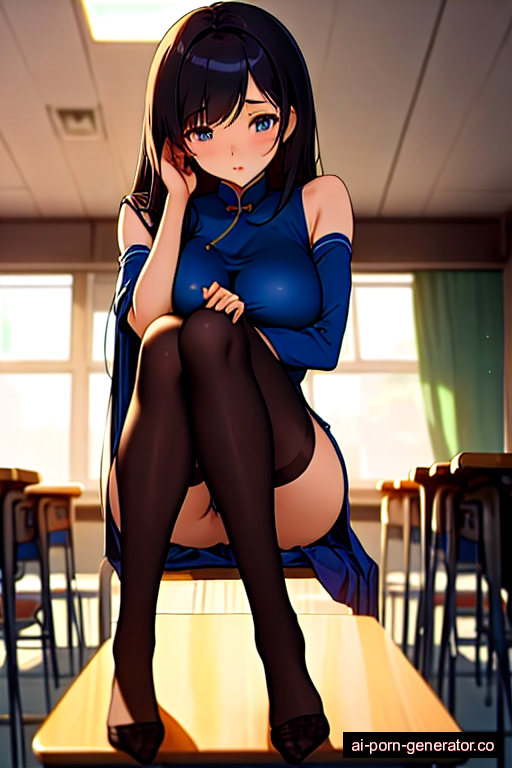  skinny teen woman with large boobs and black hair of shoulder length, splitting legs in classroom, wearing stockings, with shaved pussy