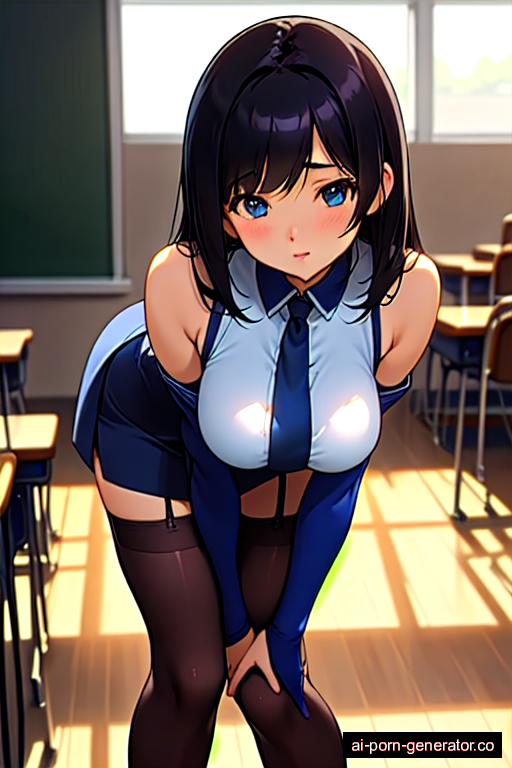  skinny teen woman with large boobs and black hair of shoulder length, bending over in classroom, wearing stockings, with shaved pussy