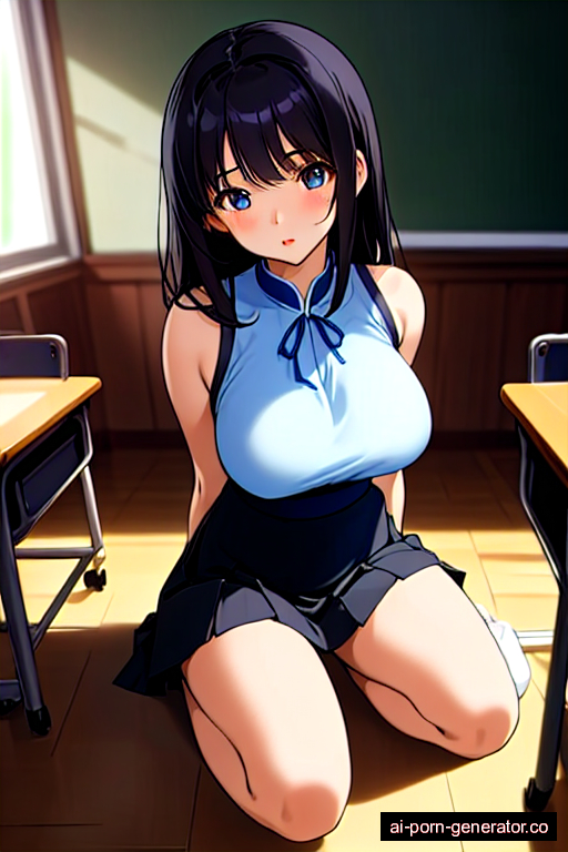  skinny teen woman with large boobs and black hair of shoulder length, on her knees in classroom, wearing skirt, with shaved pussy