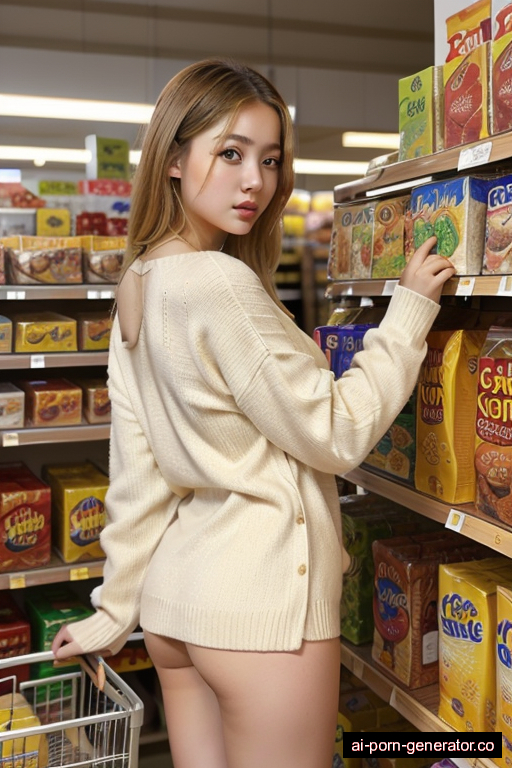 chinese skinny teen woman with small boobs and blonde hair of shoulder length, standing in supermarket, wearing sweater, with shaved pussy