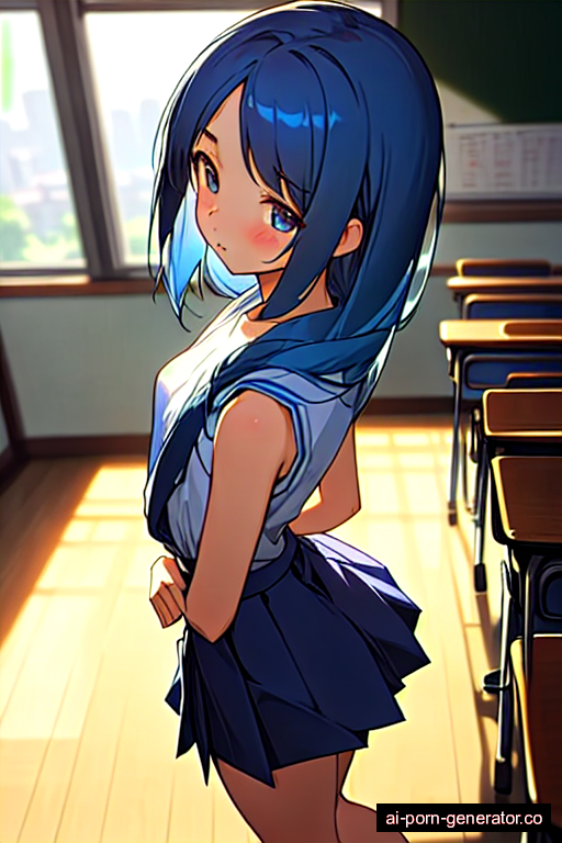  skinny teen woman with small boobs and blue hair of mid-back length, standing in classroom, wearing skirt, with shaved pussy