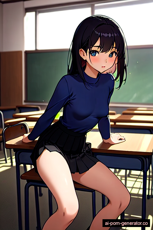  skinny teen woman with small boobs and black hair of mid-back length, splitting legs in classroom, wearing skirt, with shaved pussy