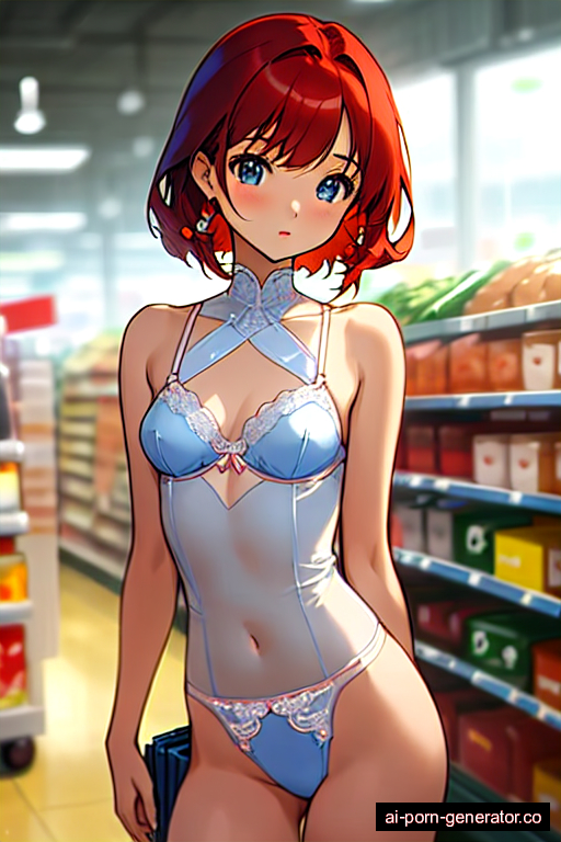  skinny young-adult woman with small boobs and red hair of shoulder length, standing in supermarket, wearing lingerie, with shaved pussy