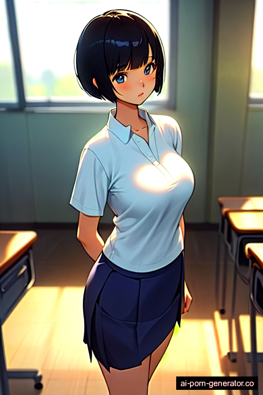  skinny teen woman with large boobs and black hair of pixie cut length, standing in classroom, wearing skirt, with shaved pussy