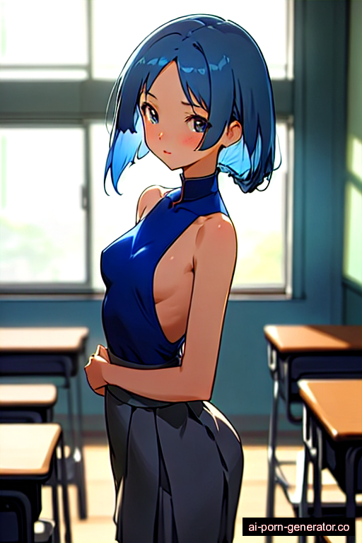  skinny teen woman with small boobs and blue hair of mid-back length, standing in classroom, wearing skirt, with shaved pussy