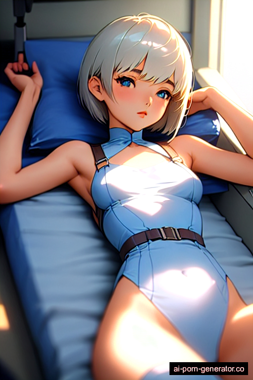  skinny teen woman with small boobs and white hair of pixie cut length, lying down in hospital, wearing harness, with trimmed pussy