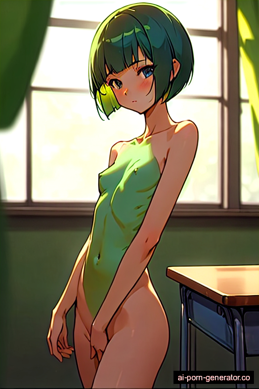  skinny adult woman with small boobs and green hair of pixie cut length, splitting legs in classroom, wearing naked, with trimmed pussy