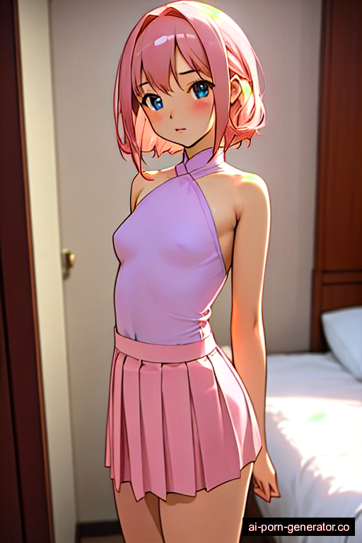  average built teen woman with small boobs and pink hair of shoulder length, standing in bedroom, wearing skirt, with shaved pussy