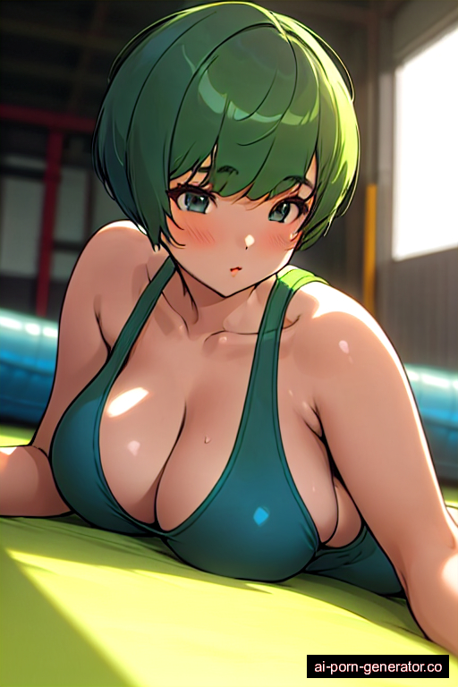  curvy adult woman with large boobs and green hair of pixie cut length, lying down in gym, wearing swimsuit, with shaved pussy