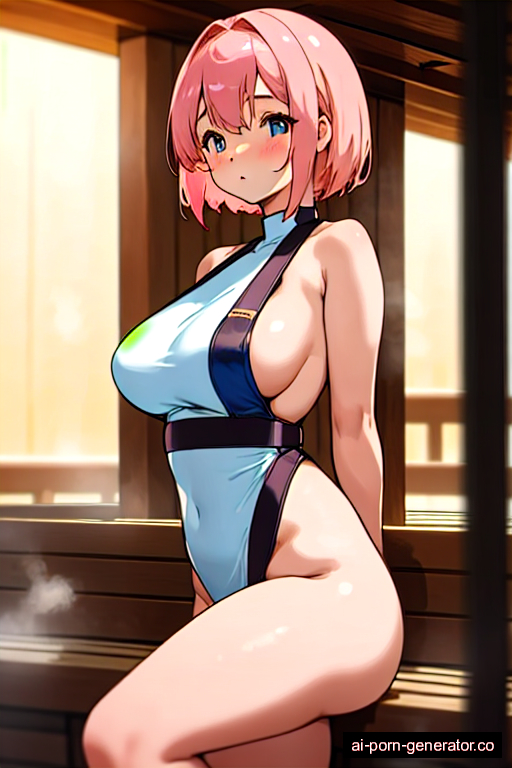  curvy adult woman with large boobs and pink hair of mid-back length, splitting legs in sauna, wearing harness, with shaved pussy