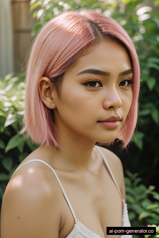 filipino average built young-adult woman with medium boobs and pink hair of mid-back length, sitting in garden, wearing naked, with shaved pussy