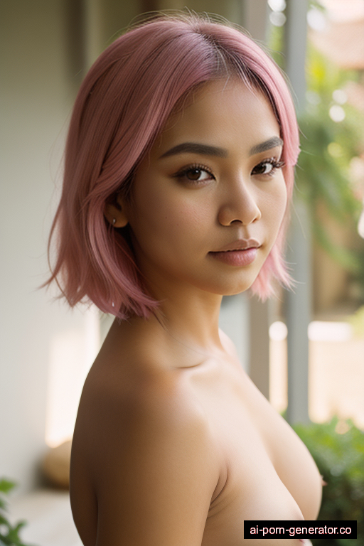 filipino average built young-adult woman with medium boobs and pink hair of mid-back length, splitting legs in garden, wearing naked, with shaved pussy