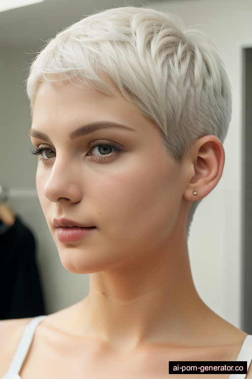 white fat young-adult woman with large boobs and white hair of pixie cut length, standing in changing room, wearing naked, with shaved pussy