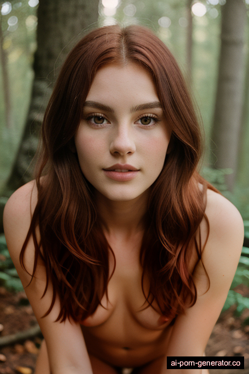 white skinny teen woman with small boobs and red hair of mid-back length, bending over in forest, wearing naked, with hairy pussy