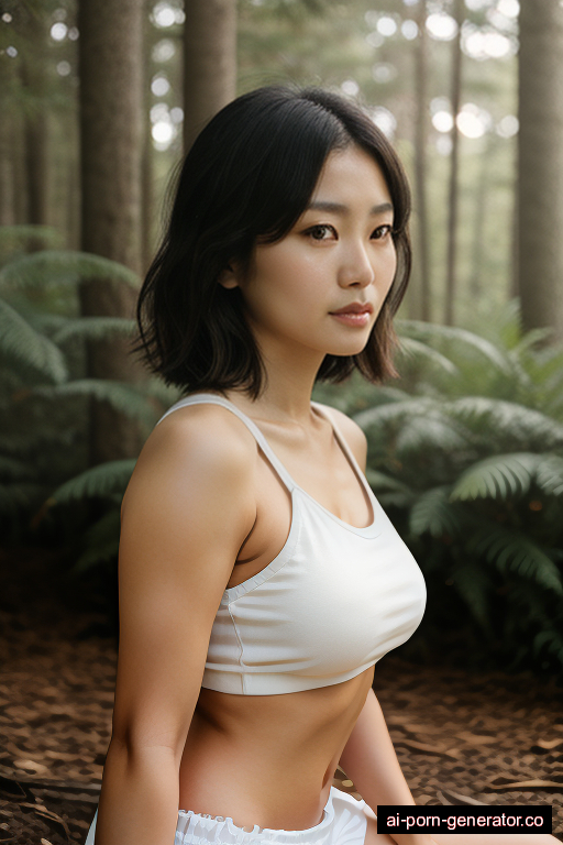 japanese average built adult woman with medium boobs and dark hair of shoulder length, sitting in forest, wearing crop top, with shaved pussy