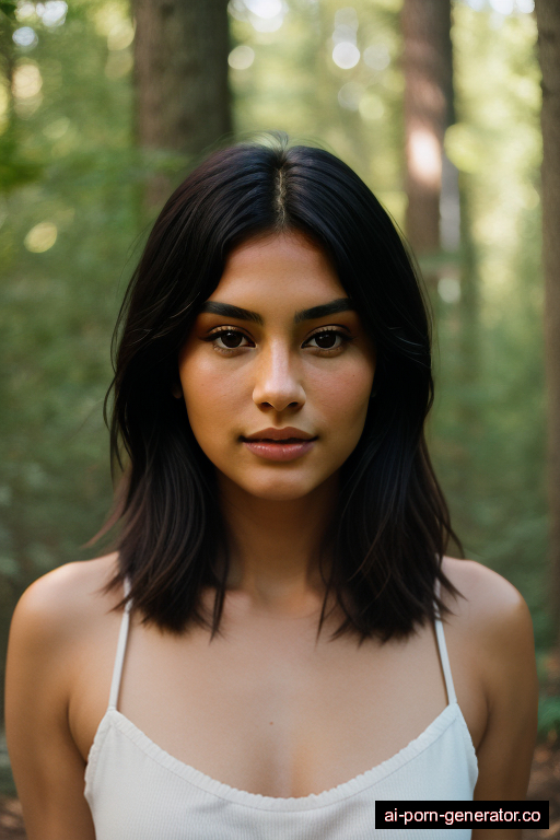 native american average built young-adult woman with medium boobs and dark hair of shoulder length, standing in forest, wearing naked, with shaved pussy