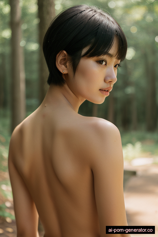 japanese thick young-adult woman with medium boobs and dark hair of pixie cut length, splitting legs in forest, wearing skirt, with shaved pussy