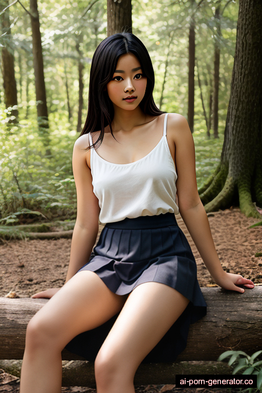 japanese average built teen woman with medium boobs and dark hair of shoulder length, sitting in forest, wearing skirt, with shaved pussy