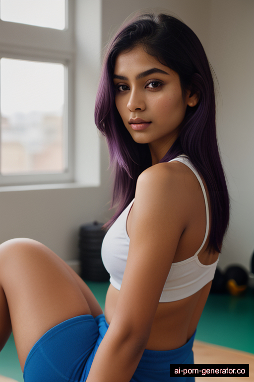 indian athletic young-adult woman with medium boobs and purple hair of mid-back length, sitting in gym, wearing bra only, with shaved pussy