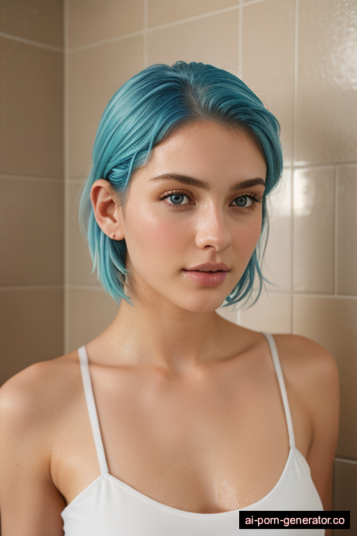 white athletic young-adult woman with medium boobs and blue hair of shoulder length, standing in shower, wearing naked, with shaved pussy