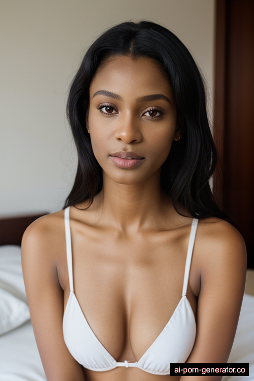 nigerian skinny adult woman with medium boobs and dark hair of shoulder length, sitting in bedroom, wearing swimsuit, with shaved pussy