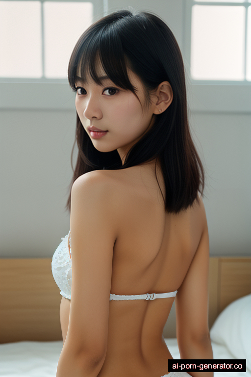 korean skinny young-adult woman with small boobs and black hair of mid-back length, bending over in bedroom, wearing naked, with shaved pussy