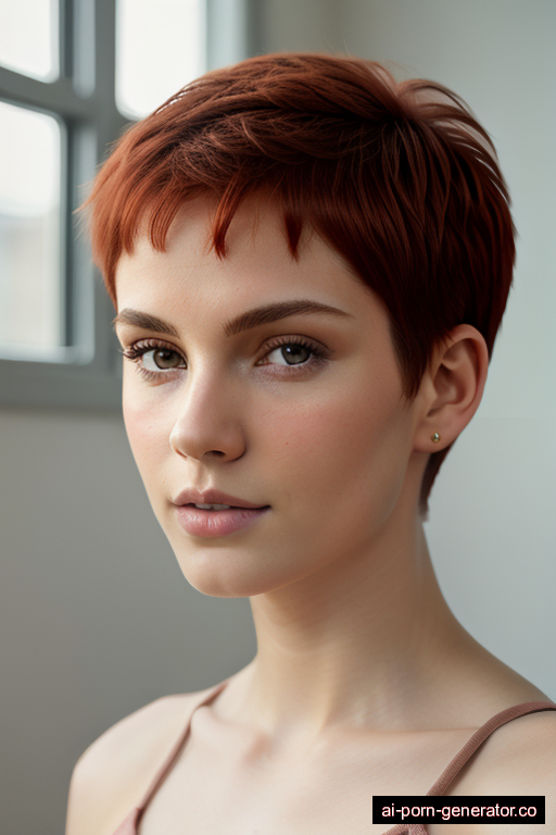 white athletic young-adult woman with medium boobs and red hair of pixie cut length, standing in gym, wearing naked, with shaved pussy