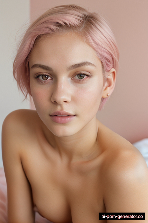 french skinny teen woman with small boobs and pink hair of pixie cut length, lying down in bedroom, wearing naked, with shaved pussy