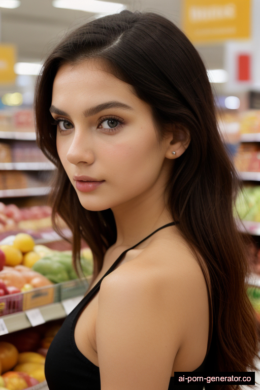 russian average built young-adult woman with small boobs and blonde hair of shoulder length, splitting legs in supermarket, wearing bra only, with shaved pussy