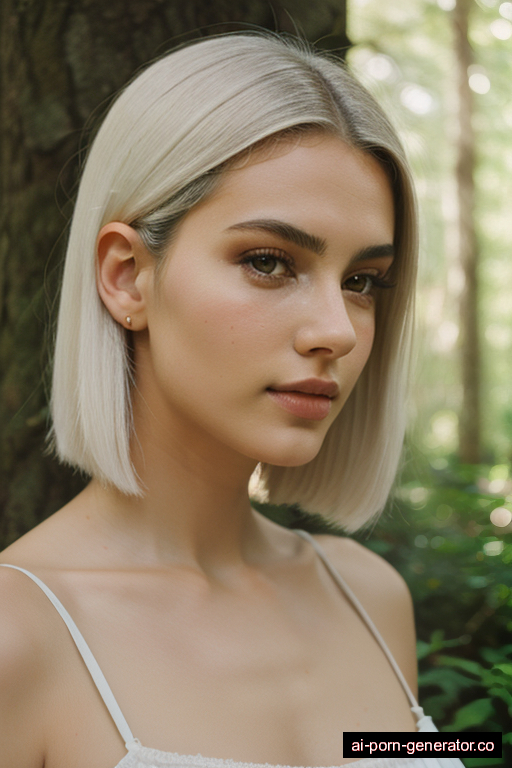 italian curvy young-adult woman with small boobs and white hair of shoulder length, bending over in forest, wearing naked, with shaved pussy