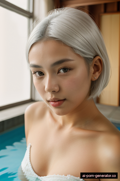 japanese curvy young-adult woman with small boobs and white hair of shoulder length, lying down in pool, wearing naked, with shaved pussy