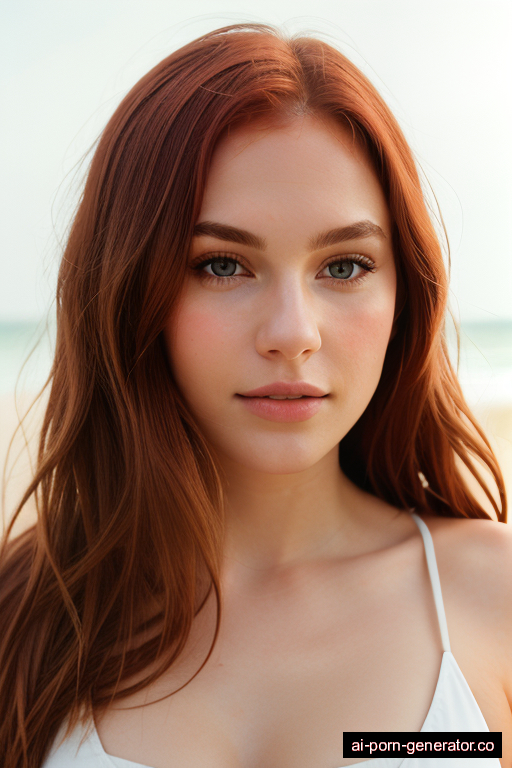 white average built young-adult woman with medium boobs and red hair of mid-back length, on her knees in beach, wearing swimsuit, with shaved pussy