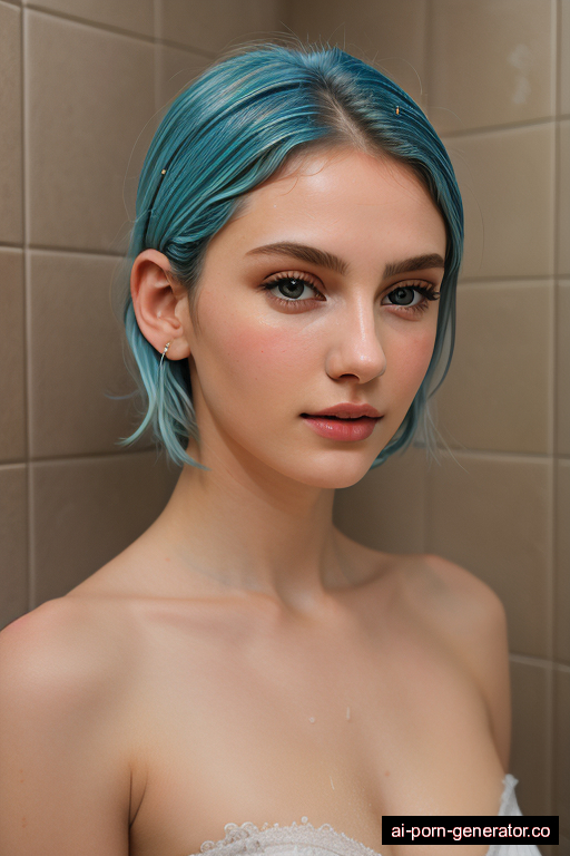 white skinny young-adult woman with small boobs and blue hair of shoulder length, standing in shower, wearing naked, with shaved pussy