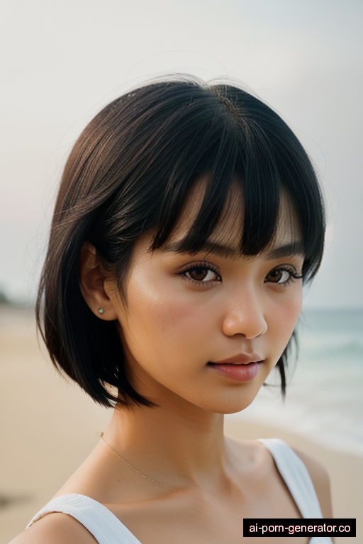 indonesian skinny young-adult woman with small boobs and black hair of pixie cut length, standing in beach, wearing naked, with trimmed pussy