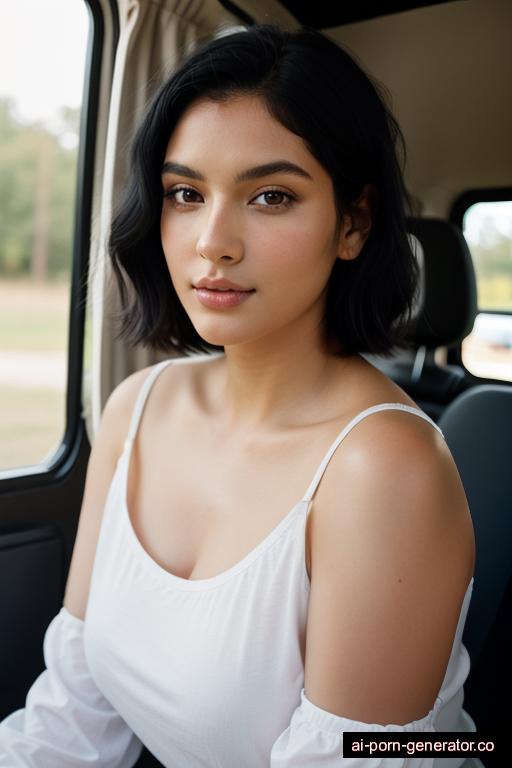 brazilian curvy young-adult woman with large boobs and black hair of shoulder length, bending over in camper van, wearing shirt, with shaved pussy