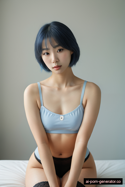 korean skinny young-adult woman with small boobs and blue hair of shoulder length, on her knees in classroom, wearing stockings, with shaved pussy